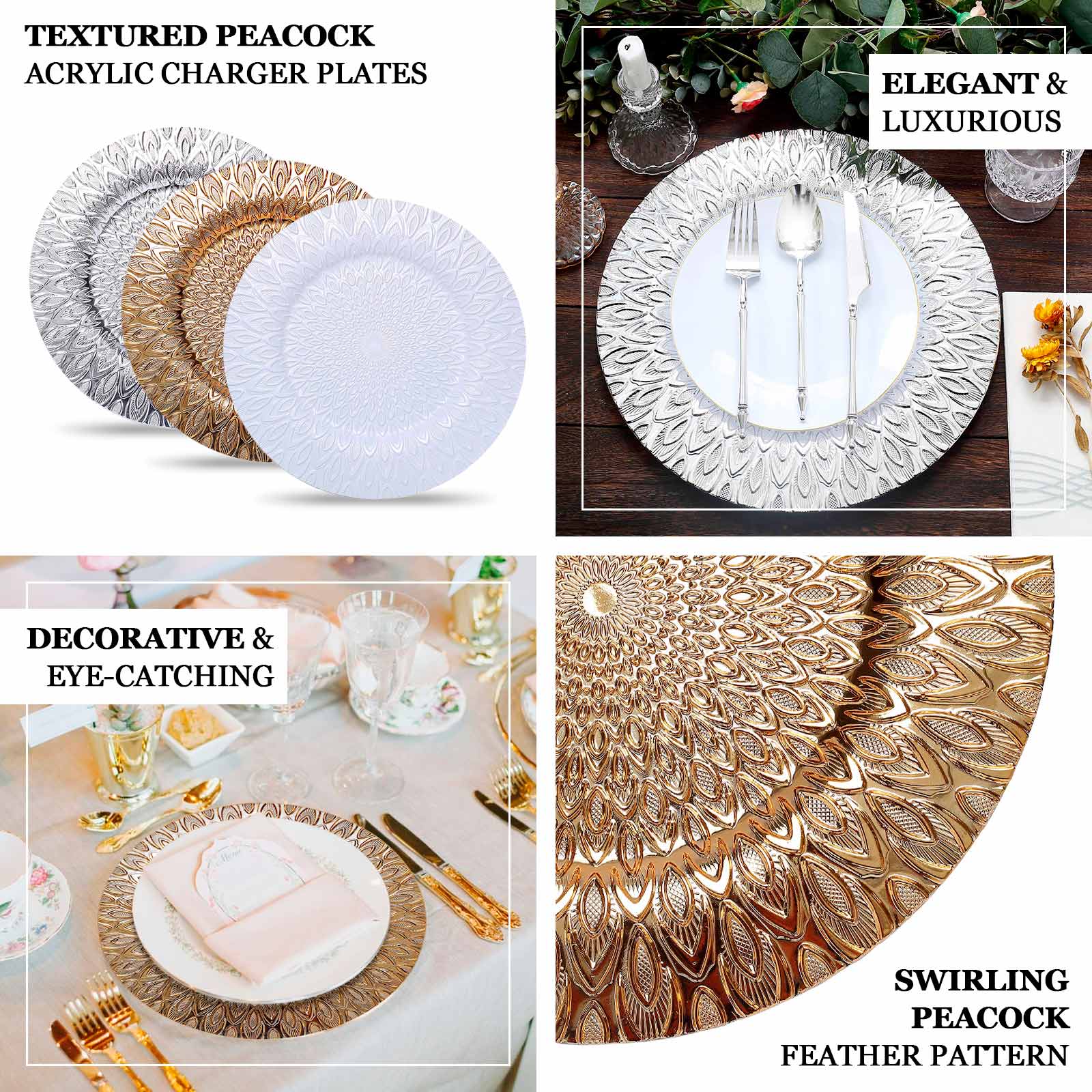 Silver embossed peacock design round disposable charger plates.