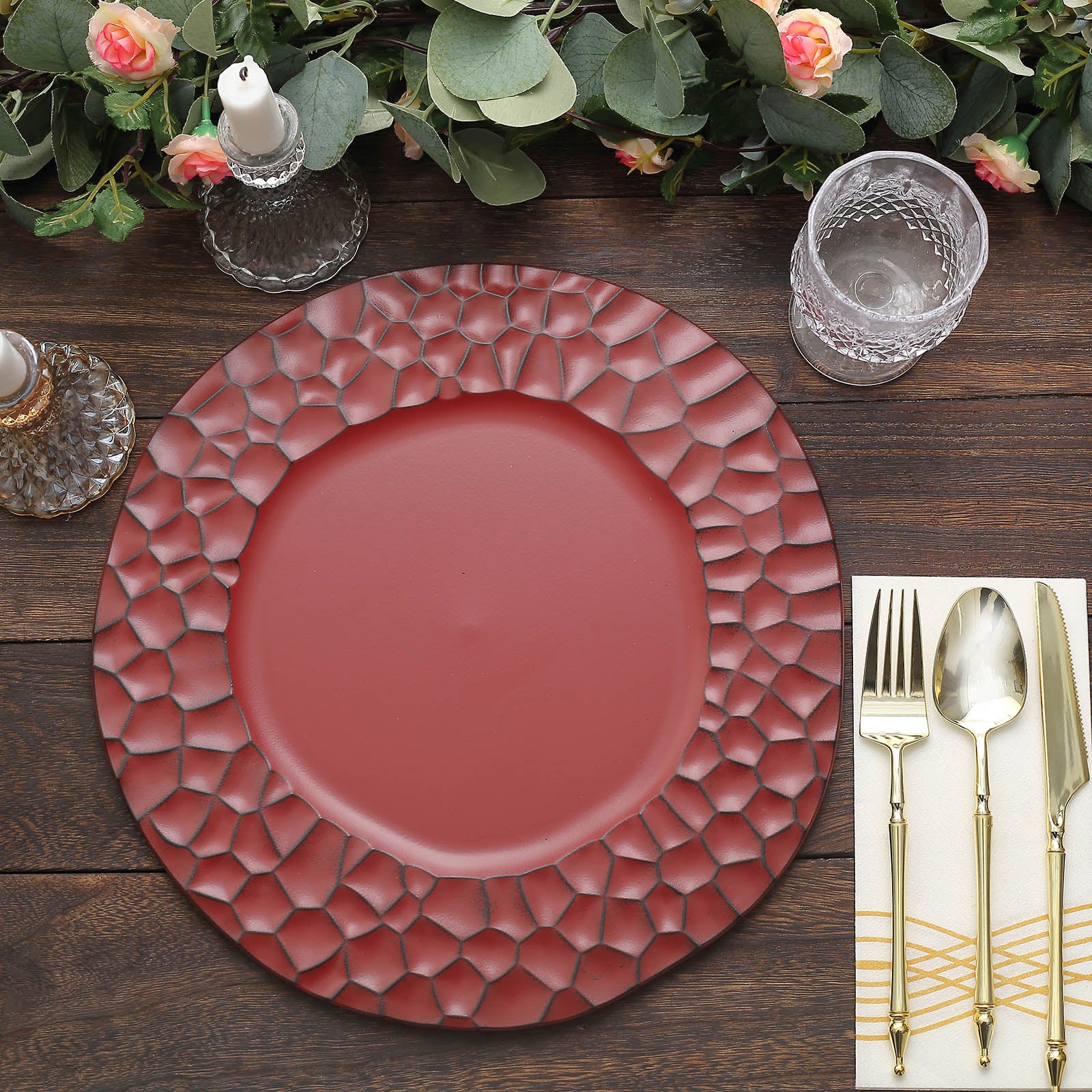 6 Pack | 13inch Burgundy Plastic Hammered Rim Dinner Charger Plates