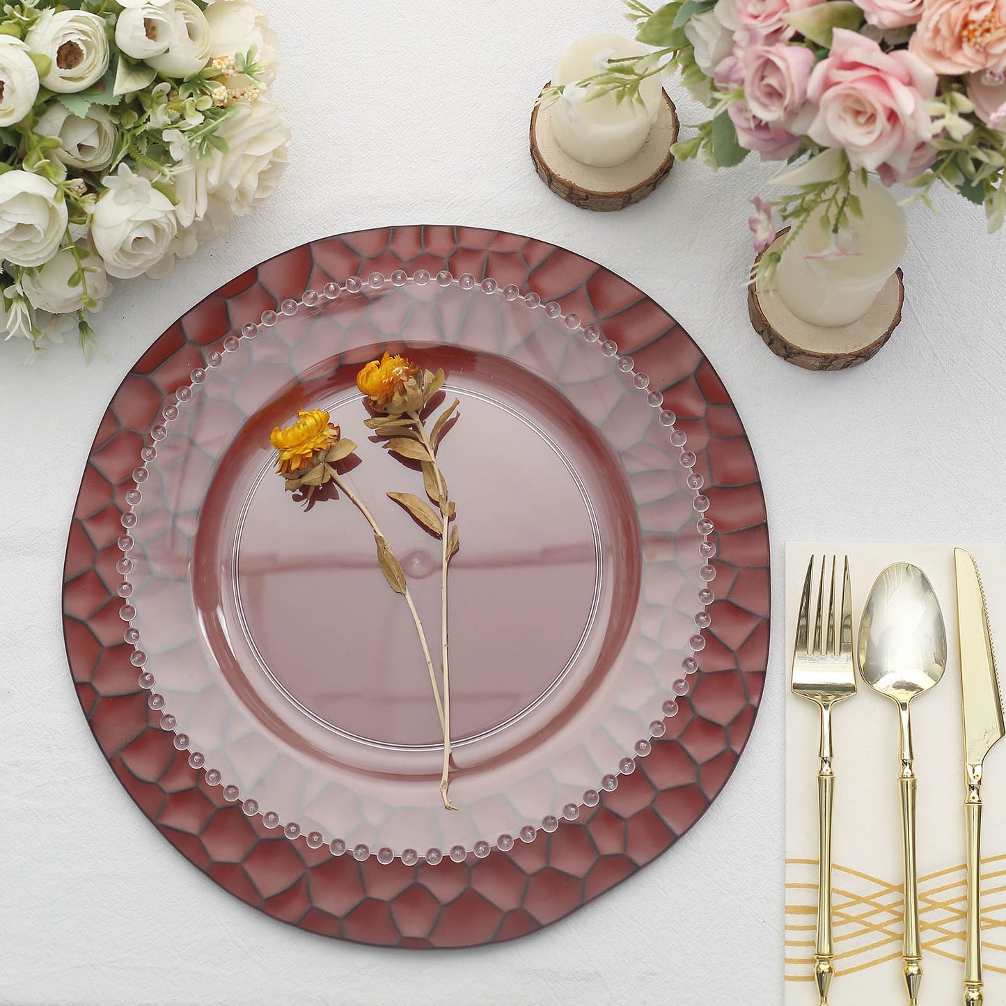 6 Pack Matte Finish Burgundy Hammered Charger Plates, Flat Modern Dinner Serving Plates - 13"