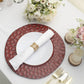 Matte finish burgundy hammered charger plate on a table setting.