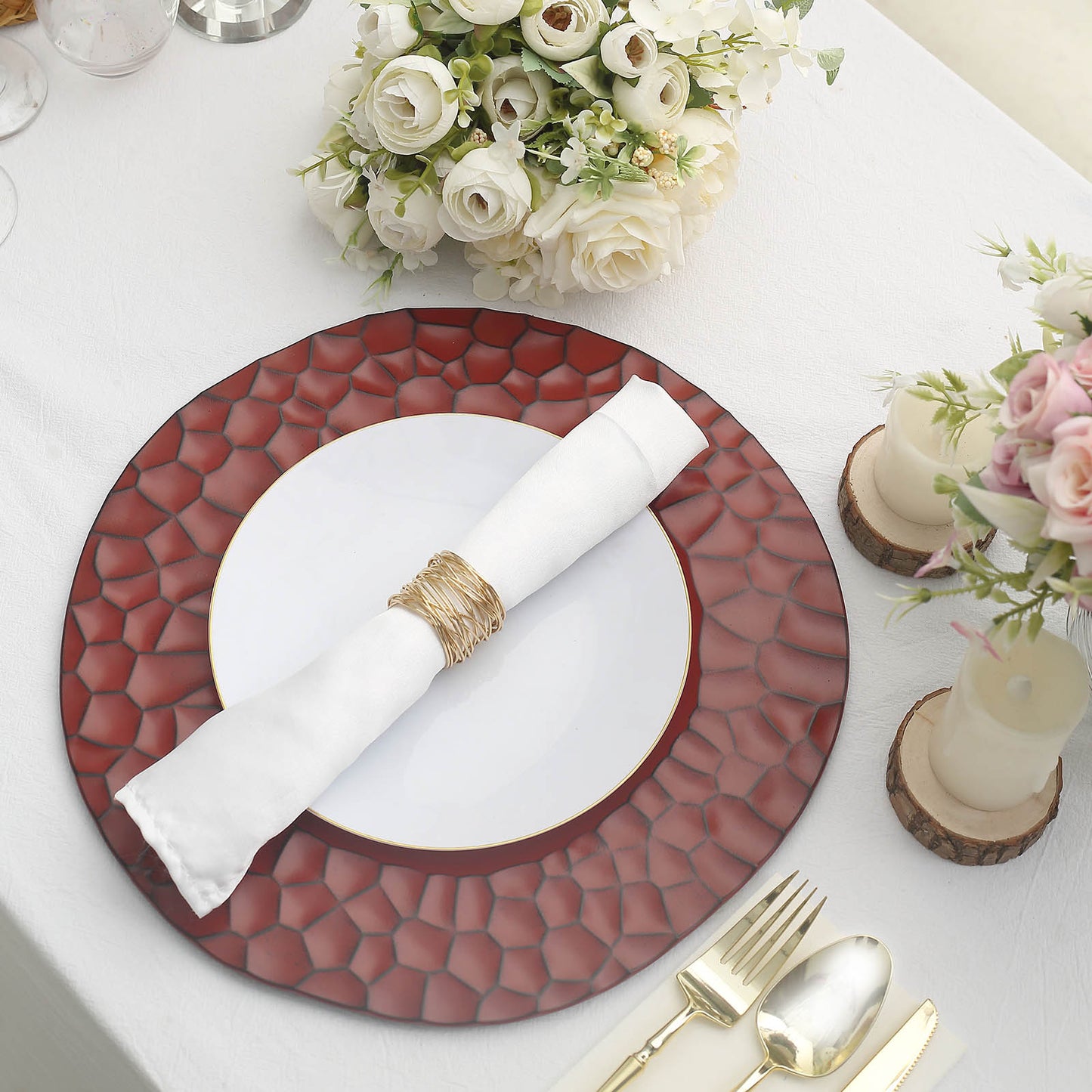 6 Pack Matte Finish Burgundy Hammered Charger Plates, Flat Modern Dinner Serving Plates - 13"