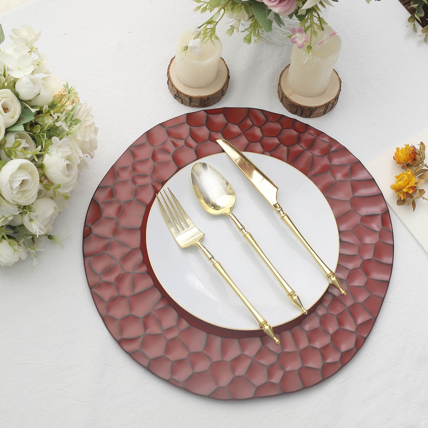 6 Pack Matte Finish Burgundy Hammered Charger Plates, Flat Modern Dinner Serving Plates - 13"