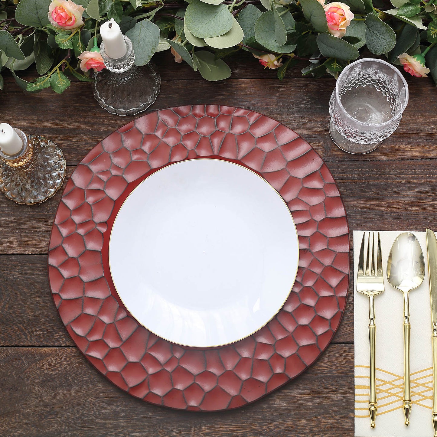 6 Pack Matte Finish Burgundy Hammered Charger Plates, Flat Modern Dinner Serving Plates - 13"