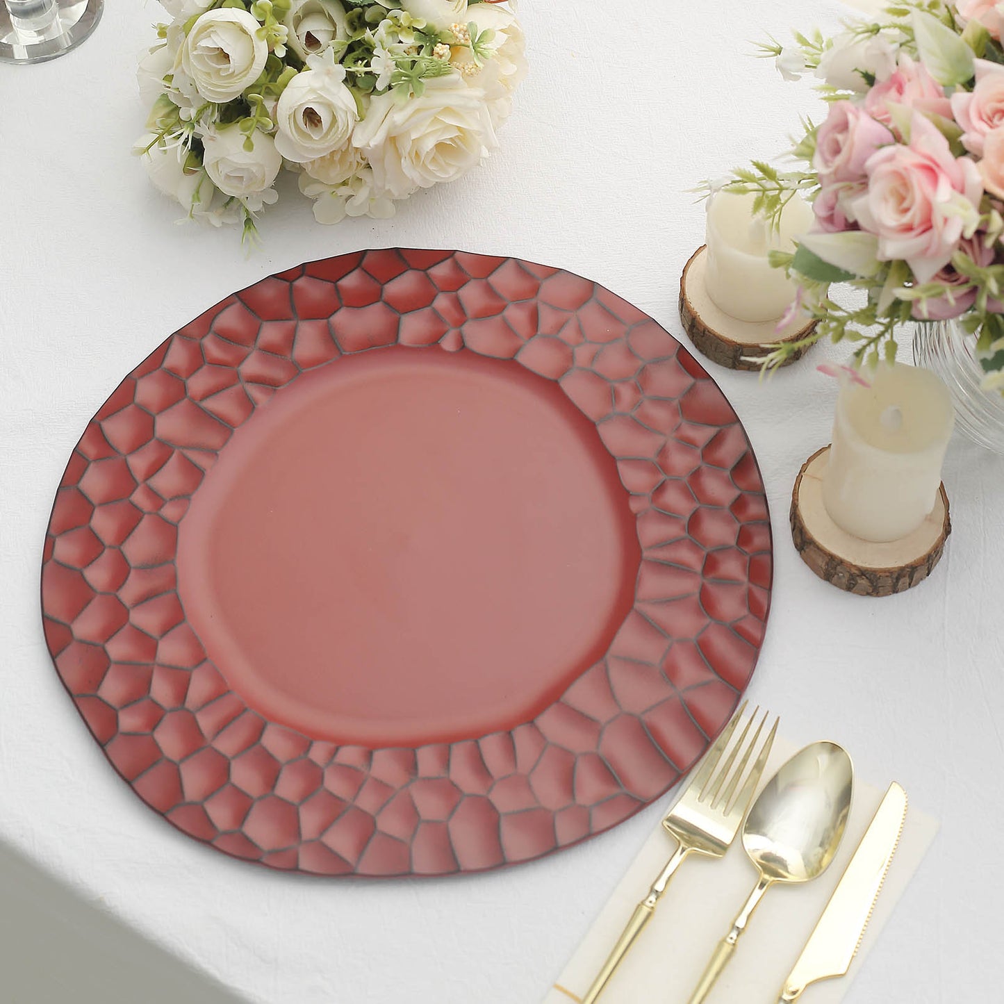 6 Pack Matte Finish Burgundy Hammered Charger Plates, Flat Modern Dinner Serving Plates - 13"