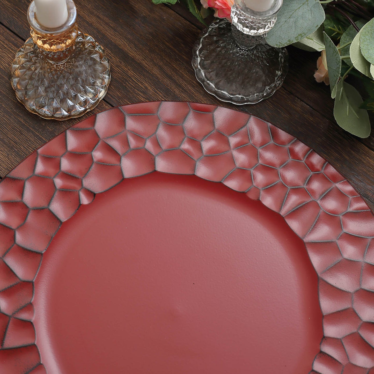 6 Pack Matte Finish Burgundy Hammered Charger Plates, Flat Modern Dinner Serving Plates - 13"