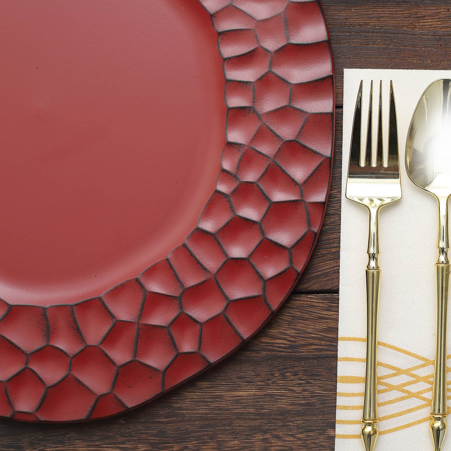 6 Pack Matte Finish Burgundy Hammered Charger Plates, Flat Modern Dinner Serving Plates - 13"