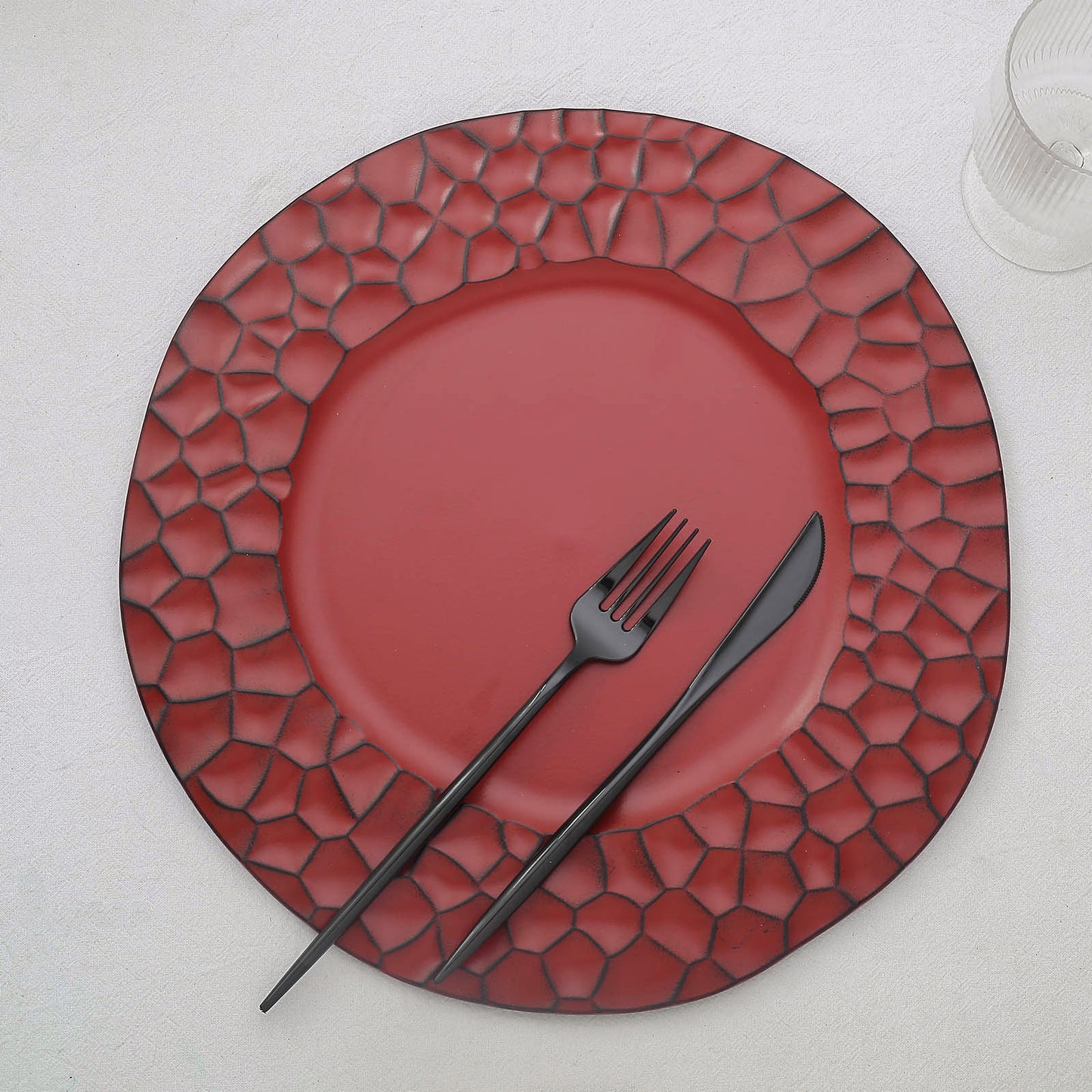 6 Pack Matte Finish Burgundy Hammered Charger Plates, Flat Modern Dinner Serving Plates - 13"