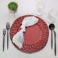 Burgundy hammered charger plate with modern flat design, 13 inches.