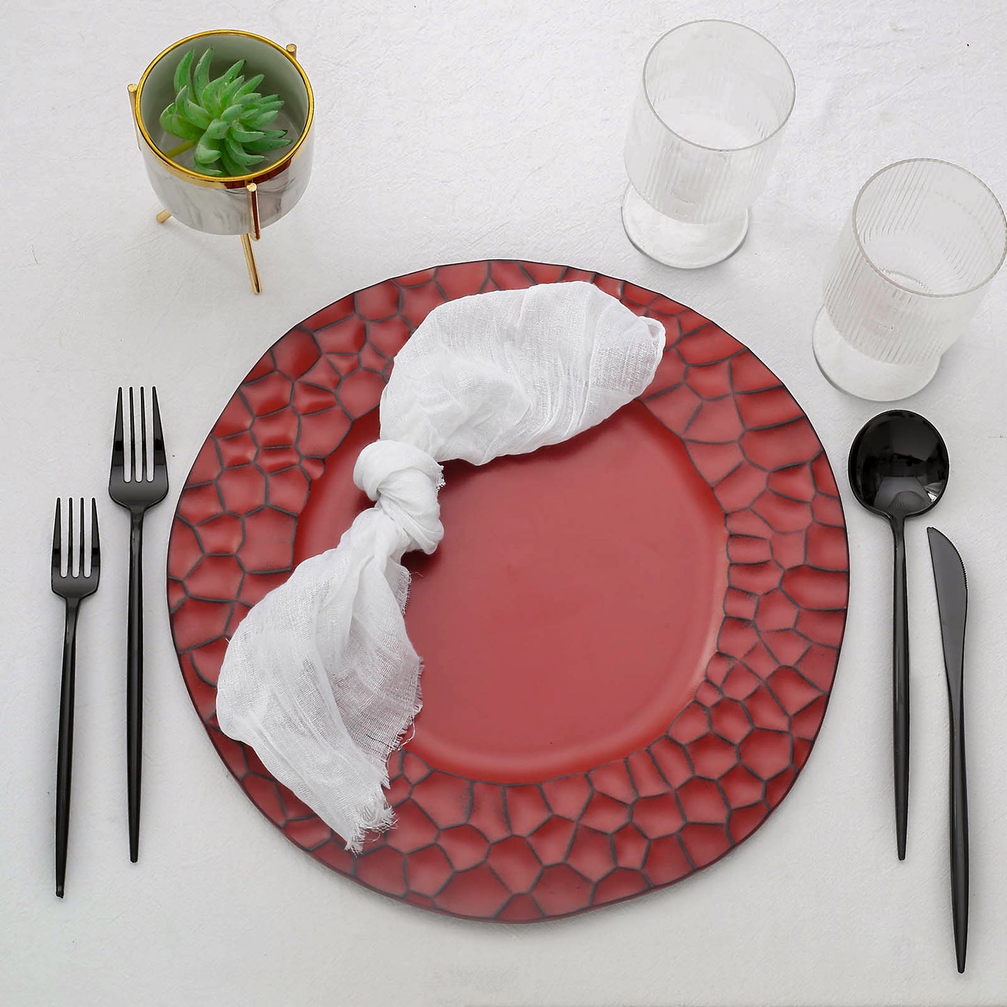 6 Pack Matte Finish Burgundy Hammered Charger Plates, Flat Modern Dinner Serving Plates - 13"