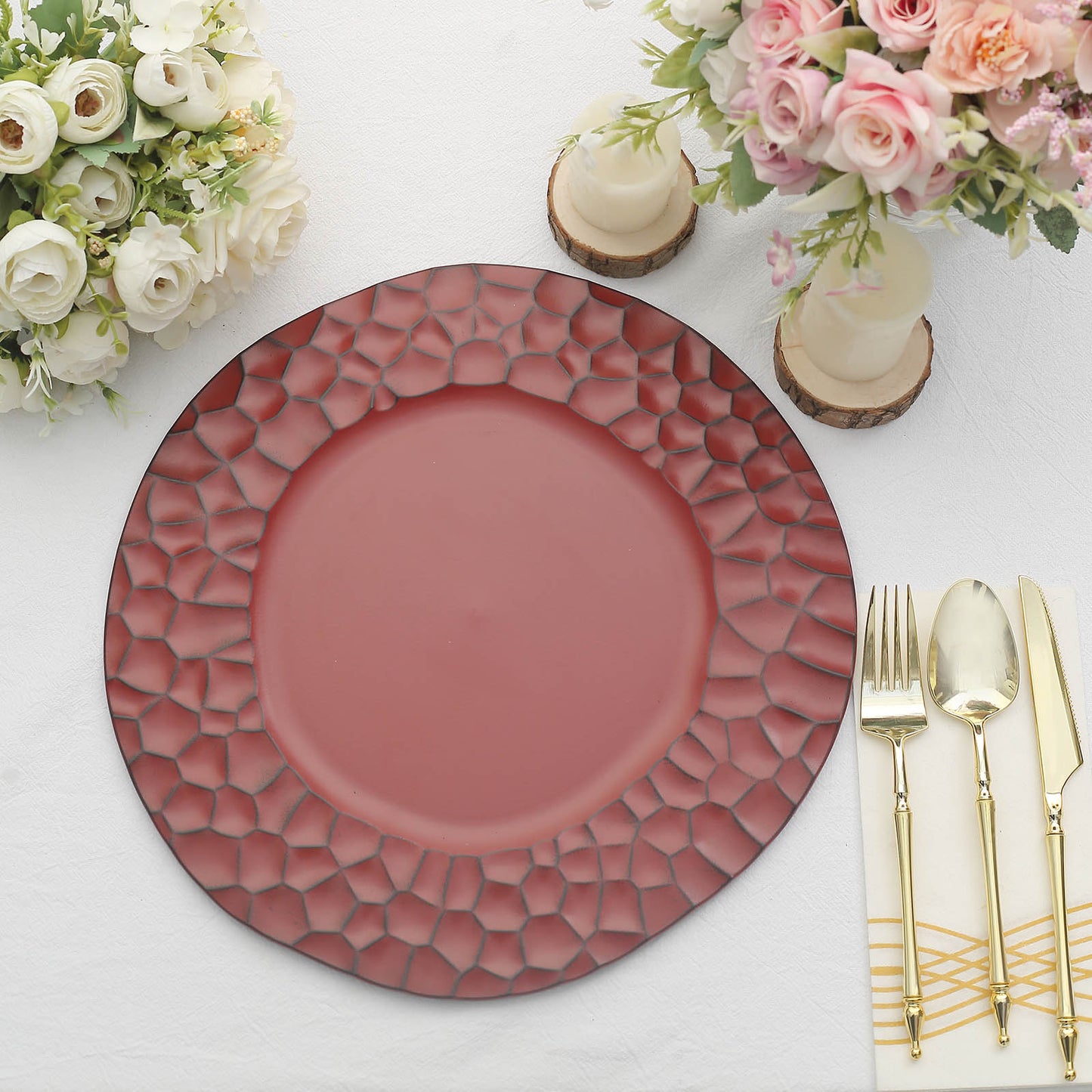 6 Pack Matte Finish Burgundy Hammered Charger Plates, Flat Modern Dinner Serving Plates - 13"