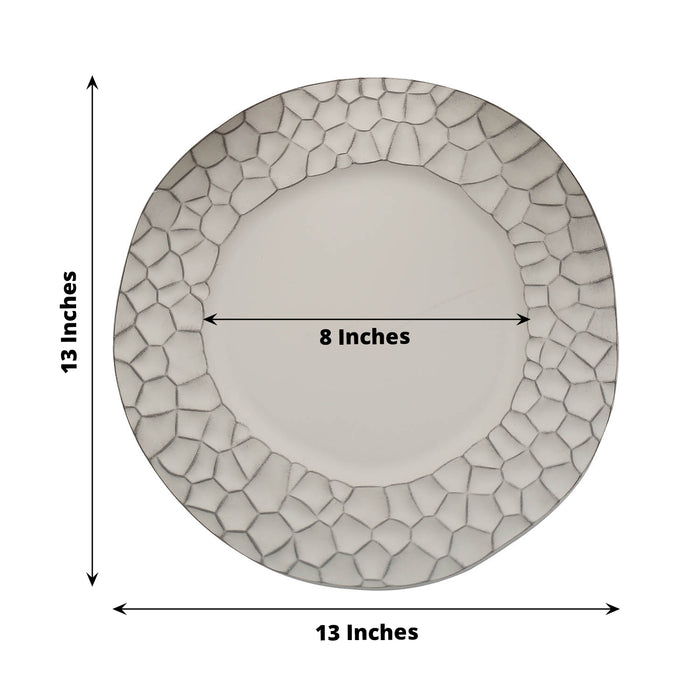 Matte finish gray hammered charger plate, 13 inches diameter.