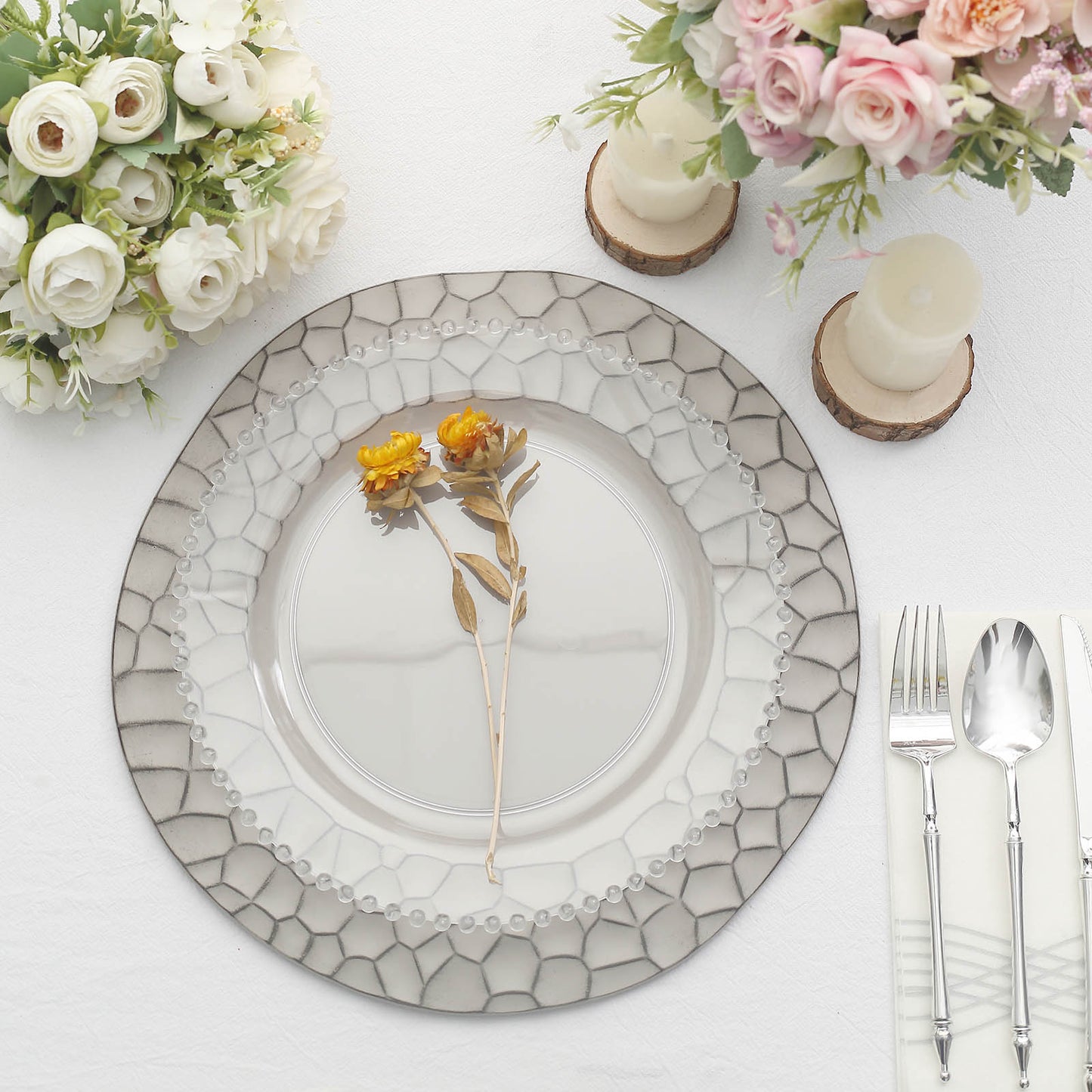 6 Pack Gray Hammered Charger Plates with Floral Arrangement and Table Setting