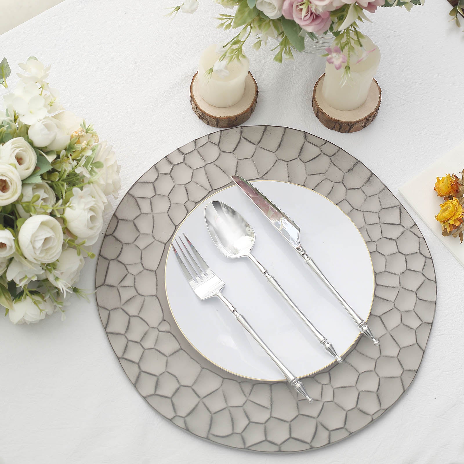 Matte gray hammered charger plates for modern dinner serving, 13 inches.