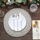 Matte gray hammered charger plate with modern dinnerware setting.