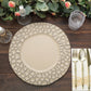 Matte taupe hammered charger plate on rustic wooden table setting.