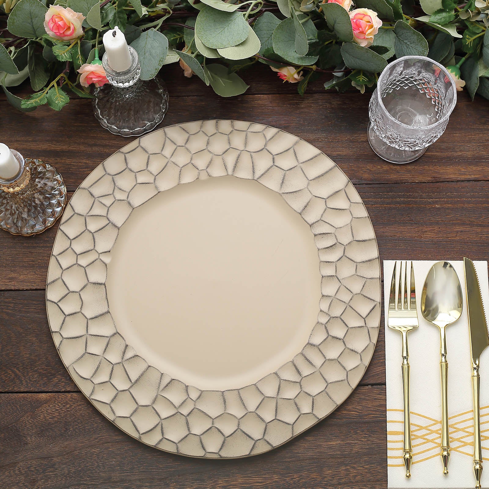 6 Pack | 13inch Taupe Plastic Hammered Rim Dinner Charger Plates