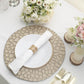Matte taupe hammered charger plate with white dinner plate and napkin.