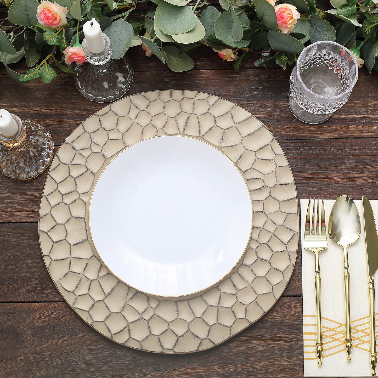 6 Pack Matte Finish Taupe Hammered Charger Plates, Flat Modern Dinner Serving Plates - 13"