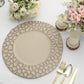 Taupe hammered charger plate on a table setting with flowers and candles.