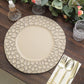 Taupe hammered charger plate on a rustic wooden table setting.