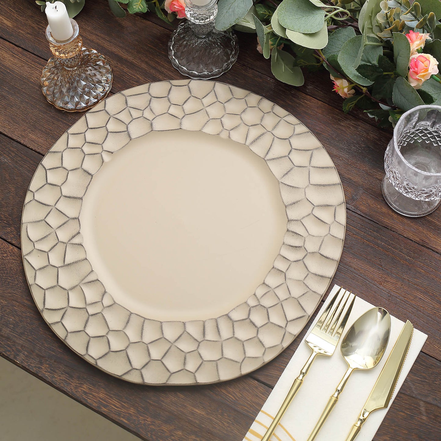 6 Pack | 13inch Taupe Plastic Hammered Rim Dinner Charger Plates