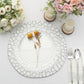 Elegant white plate with decorative edge, floral accents, and stylish table setting.