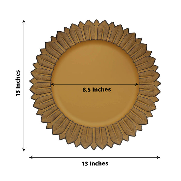 Matte mustard yellow sunflower disposable charger plate, 13 inches round.