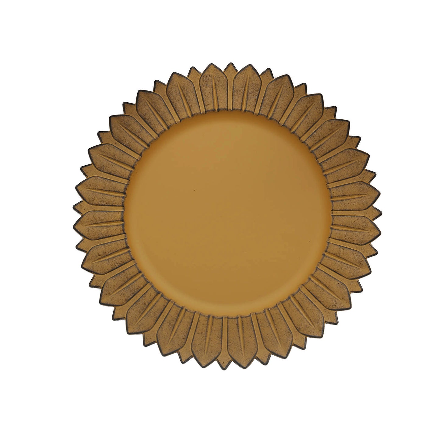Matte mustard yellow sunflower disposable charger plate.