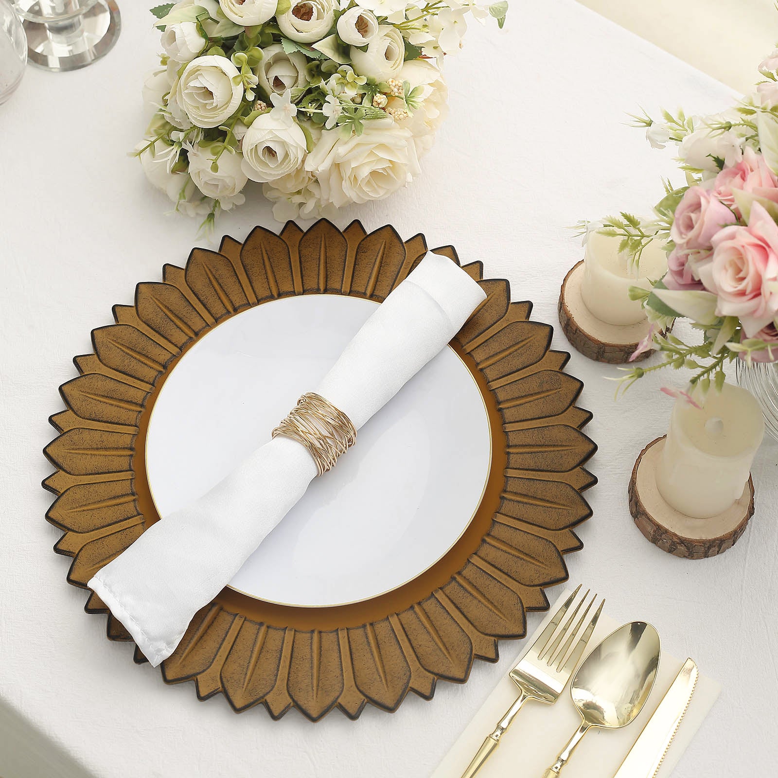 Matte mustard yellow sunflower disposable charger plate on a dining table setting.