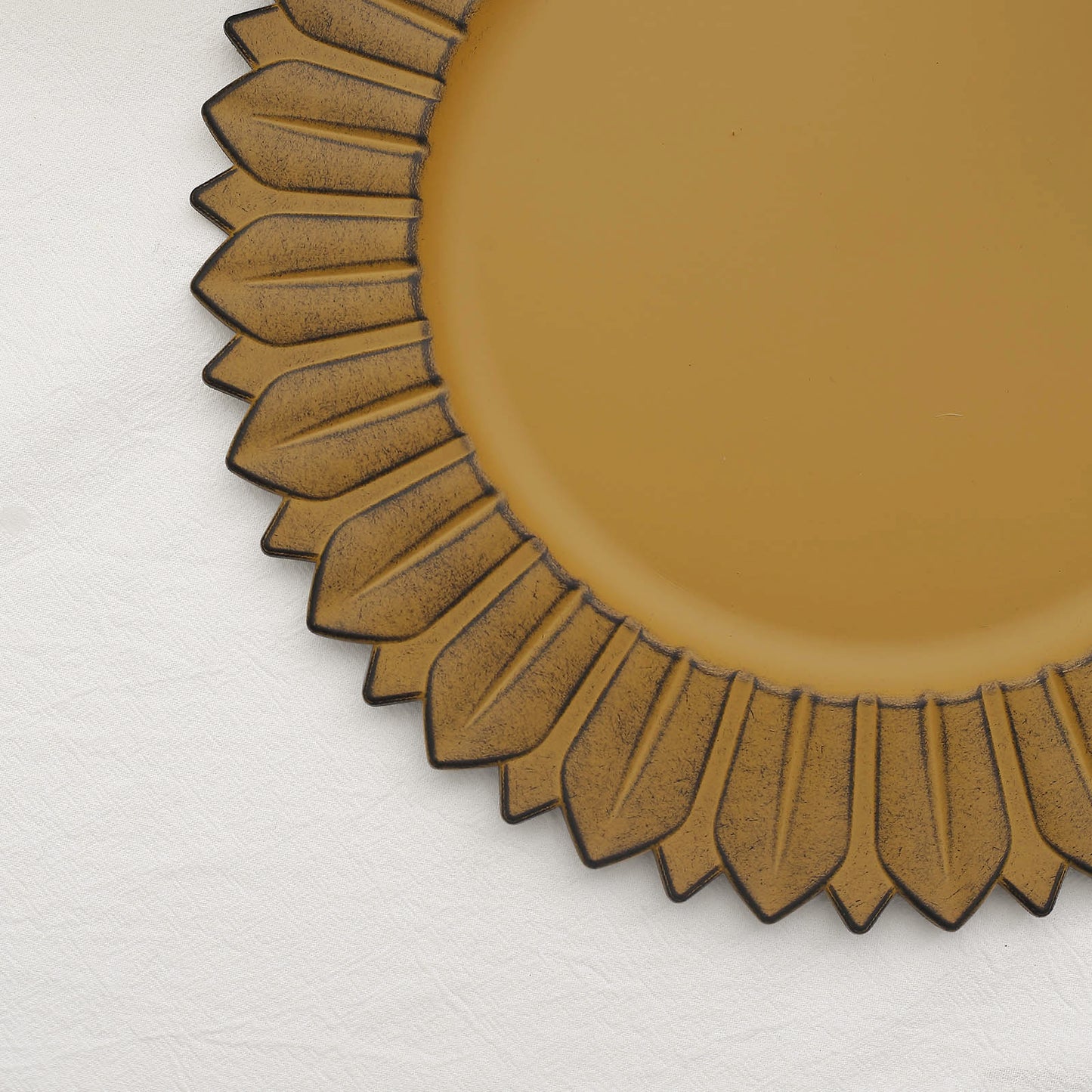 Matte mustard yellow sunflower disposable charger plate.