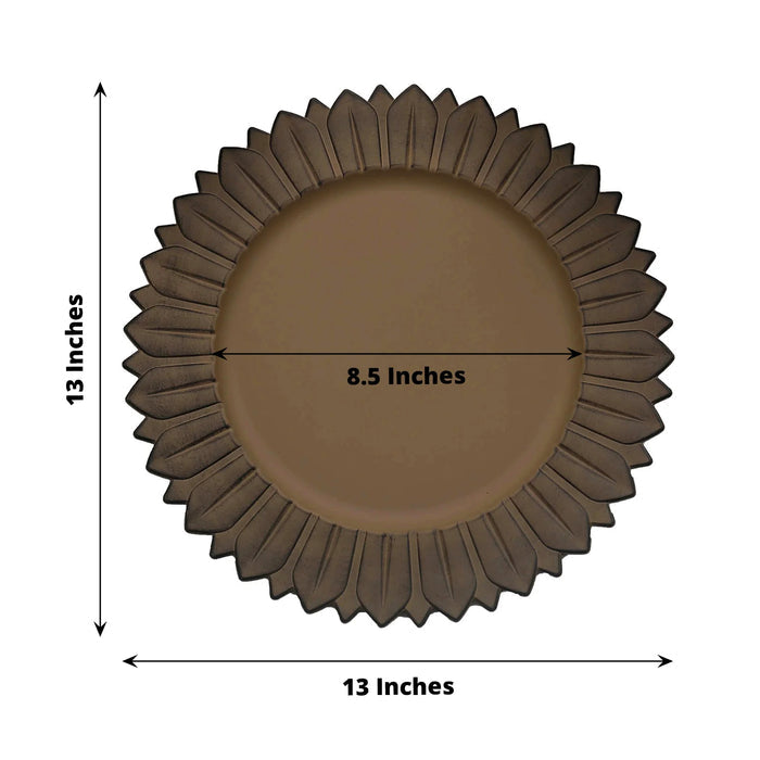 Matte natural sunflower disposable charger plate, 13 inches, round, brown color.