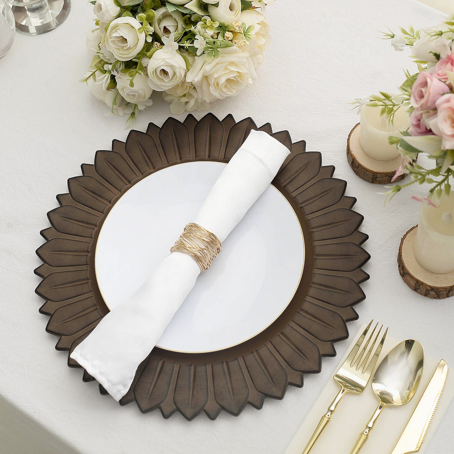 Matte natural sunflower disposable charger plate on a dining table.