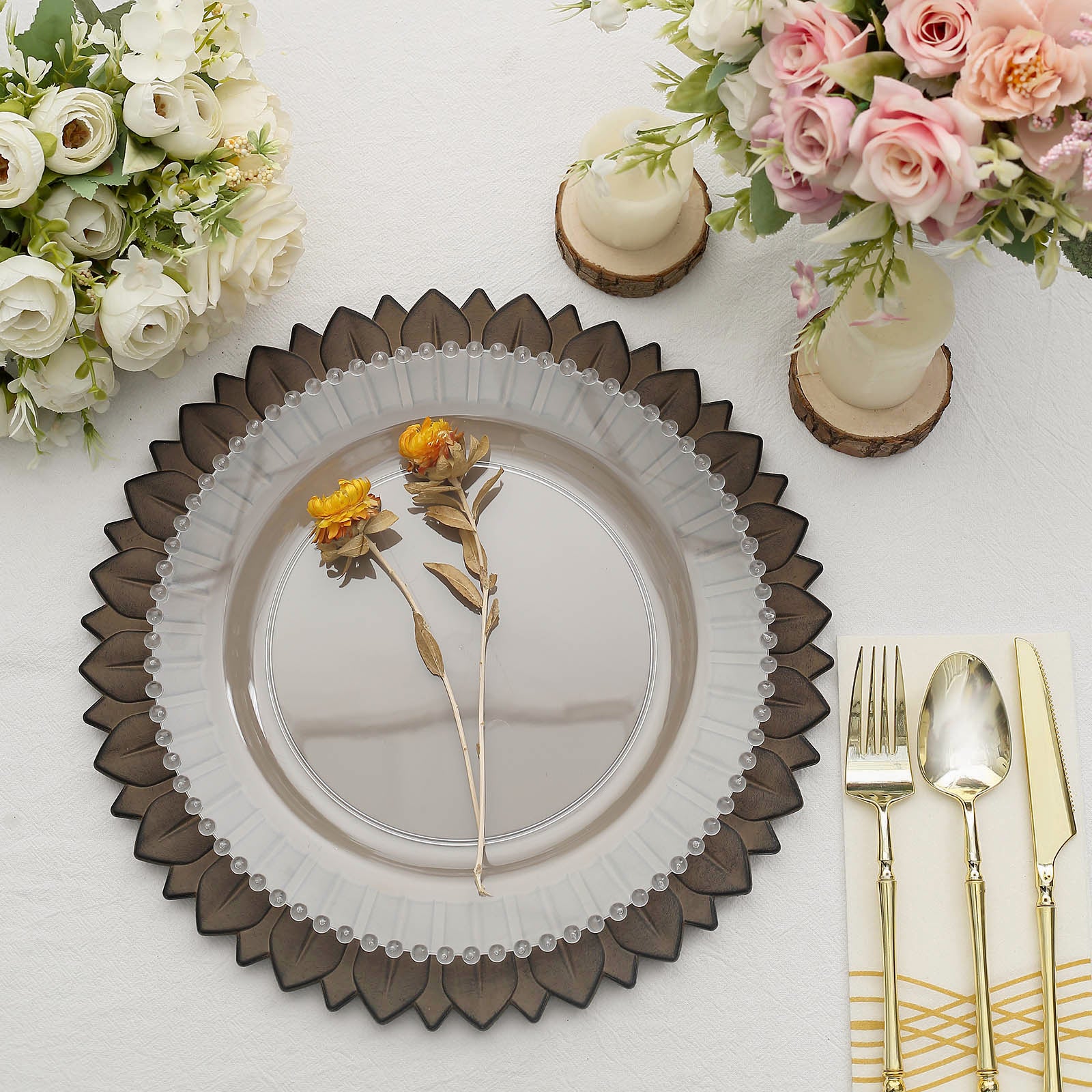 Matte natural sunflower disposable charger plate with floral decoration.