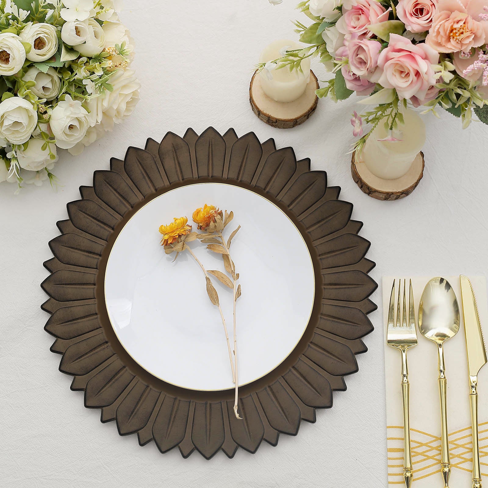 Matte natural sunflower disposable charger plate with floral decor.
