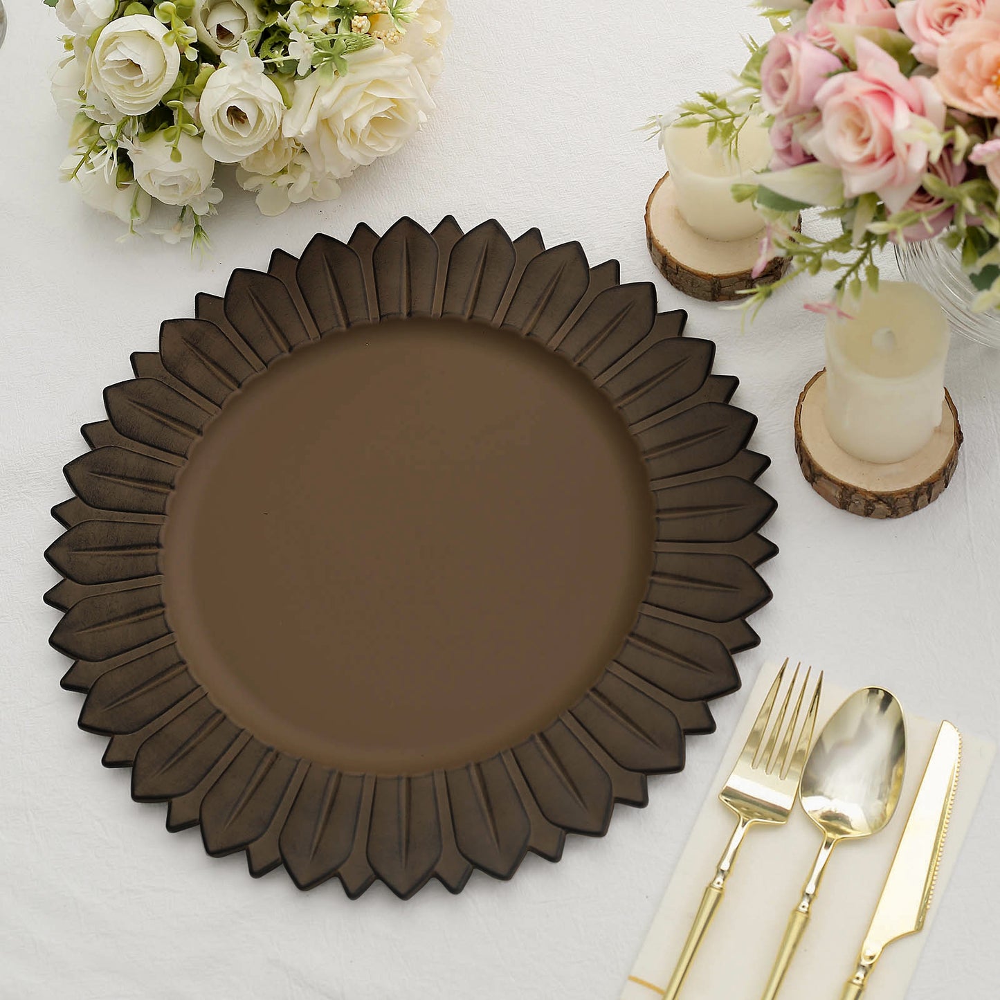 Matte natural sunflower disposable charger plate on a table setting.