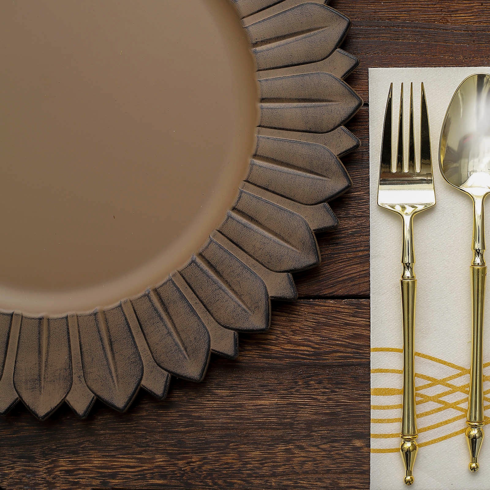 Matte natural sunflower disposable charger plate on wooden table.