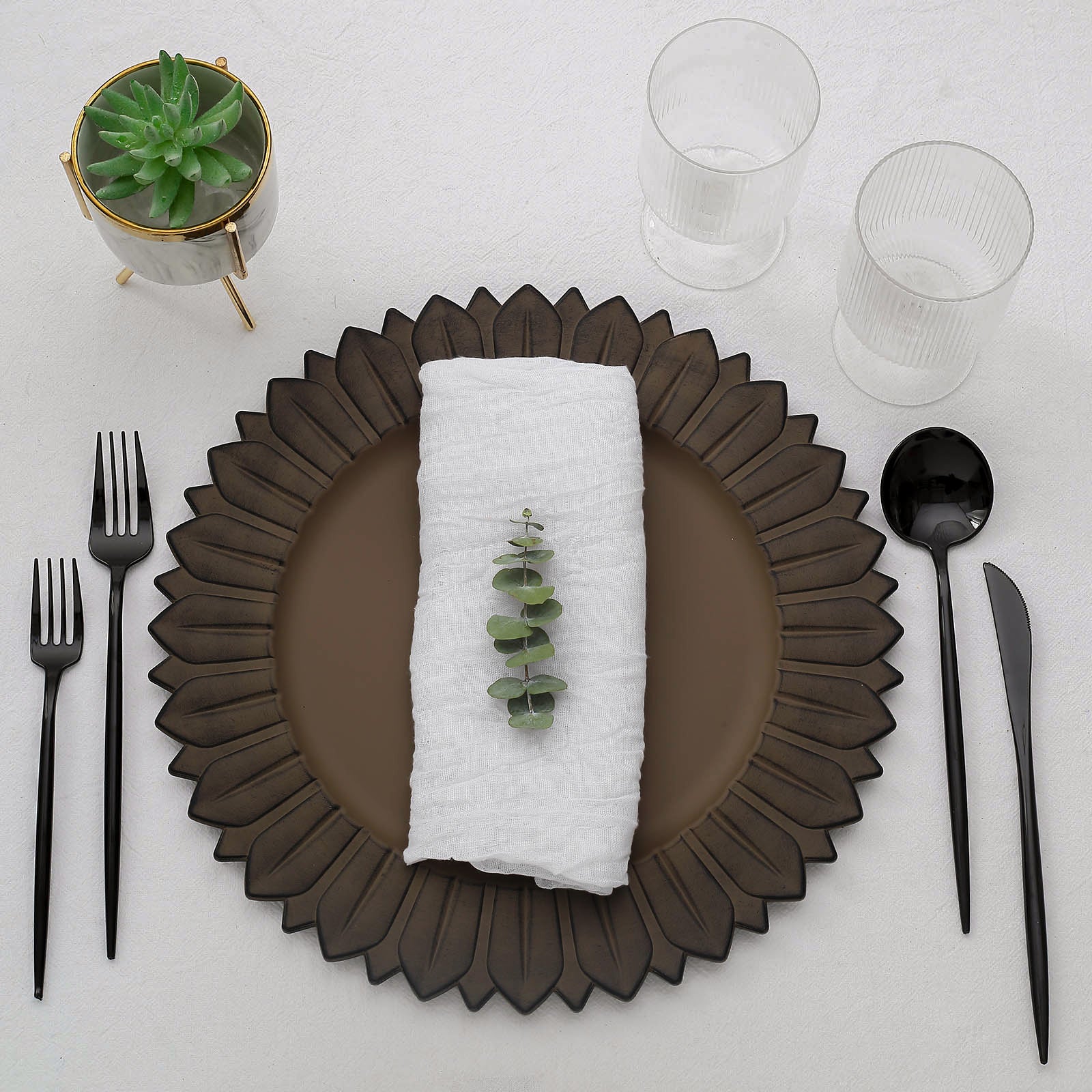 Matte natural sunflower charger plate with elegant table setting.