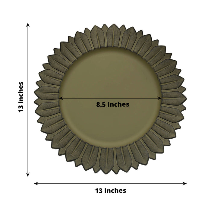 Matte olive green sunflower disposable charger plates, 13 inches round.