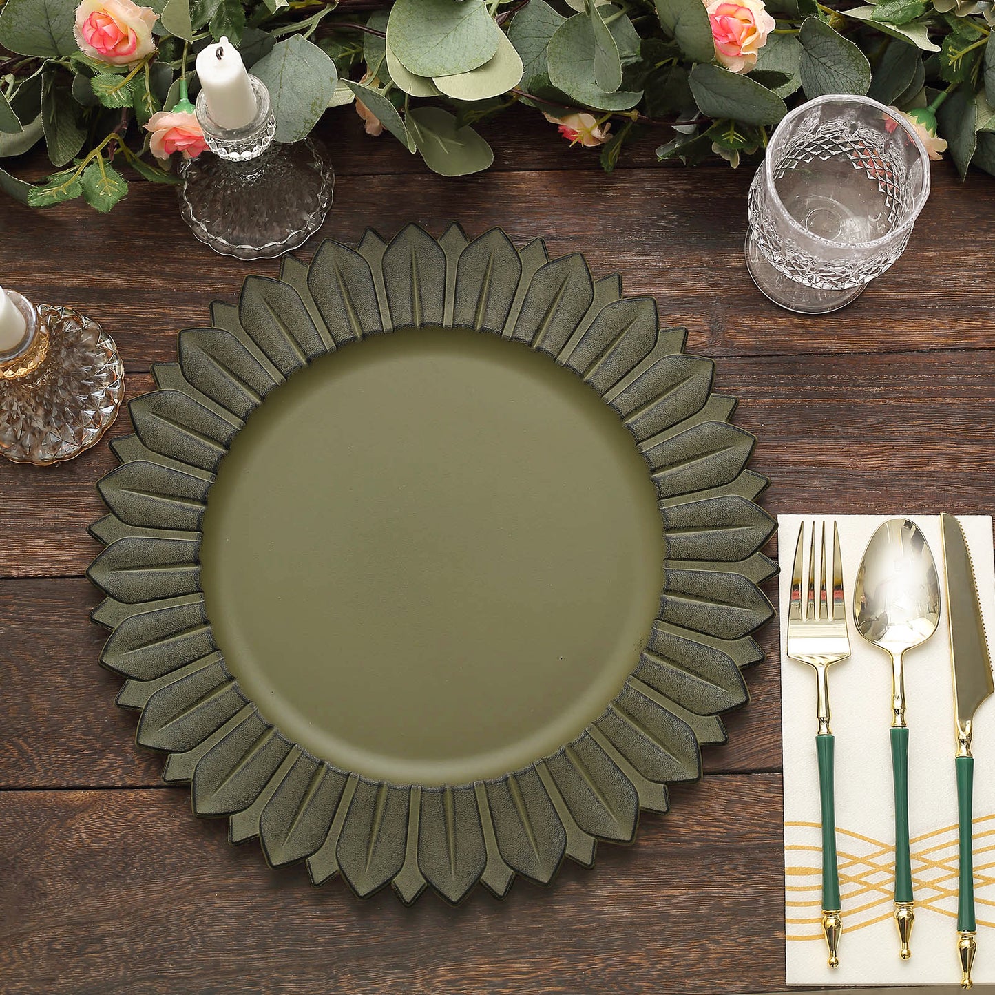 13" Matte Olive Green Sunflower Disposable Charger Plate on a rustic table setting.