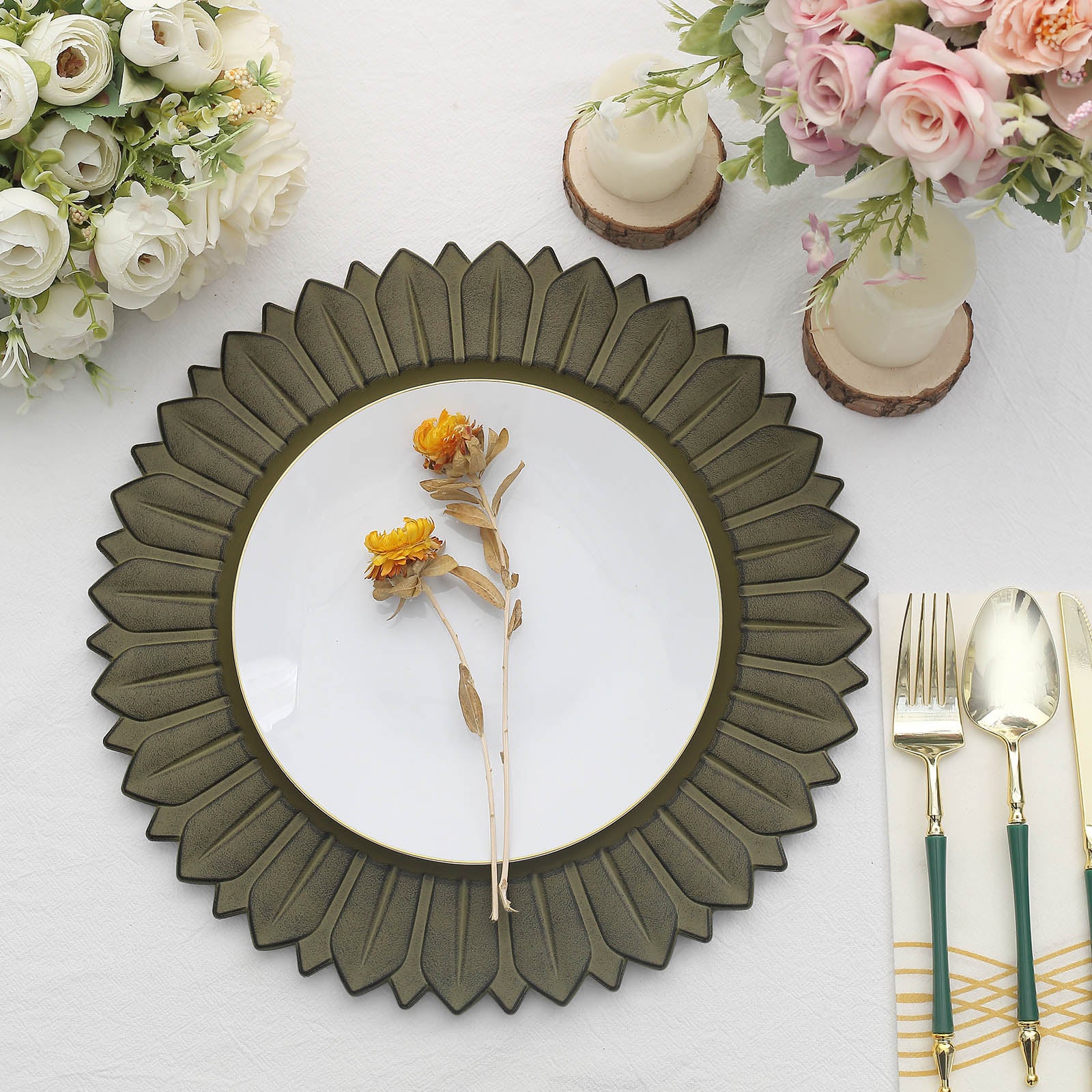 Matte olive green sunflower disposable charger plate with floral decor.