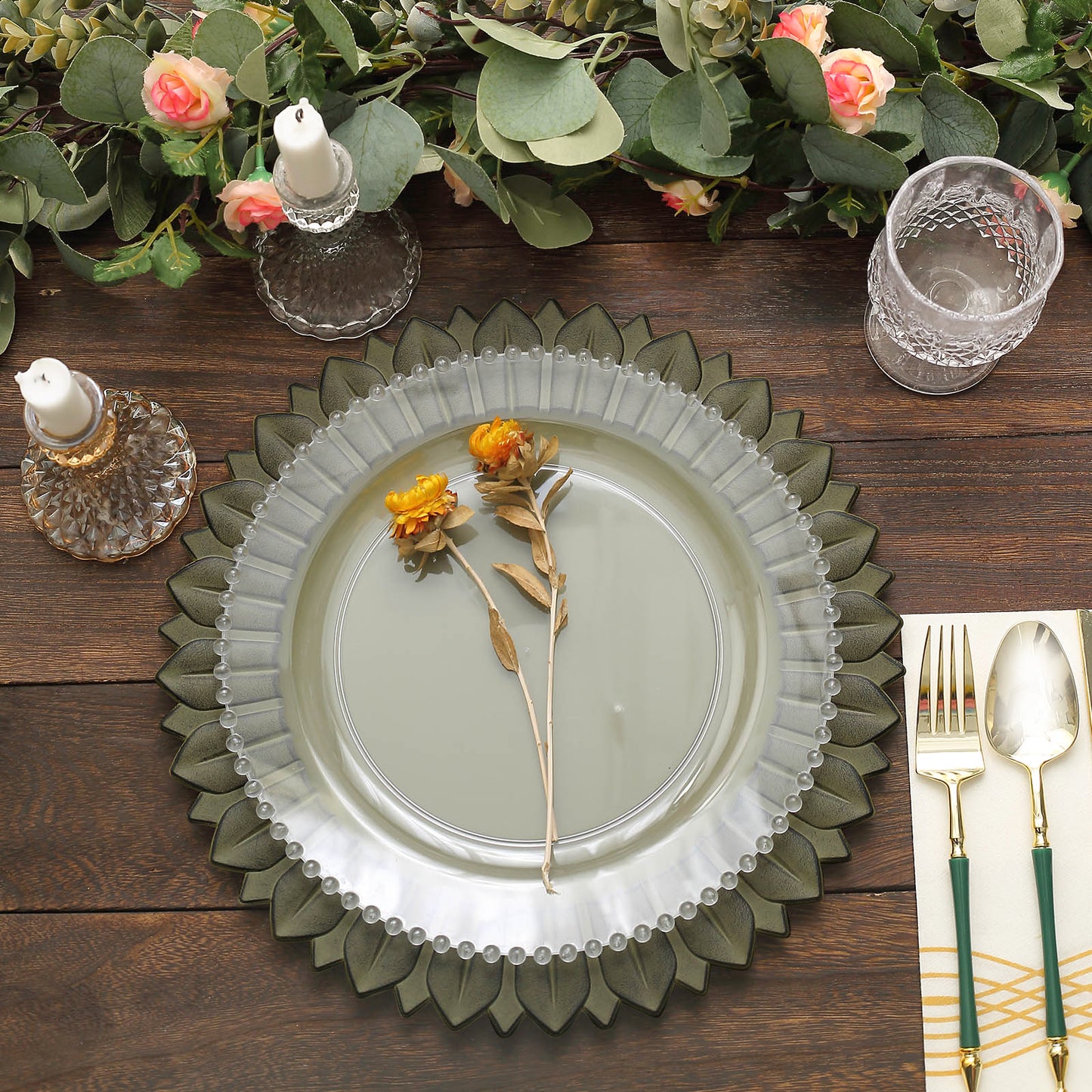 13" Matte Olive Green Sunflower Charger Plate on table setting