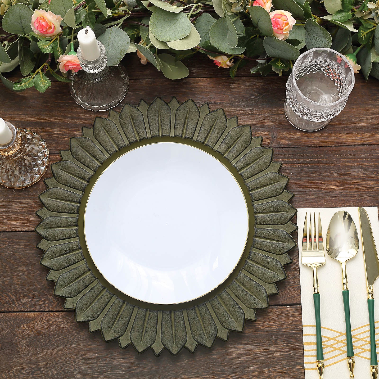 13" Matte Olive Green Sunflower Disposable Charger Plates on a wooden table.
