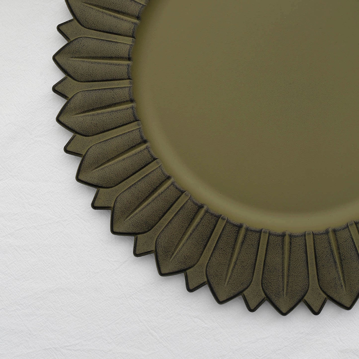 13" Matte Olive Green Sunflower Disposable Charger Plate on white background.