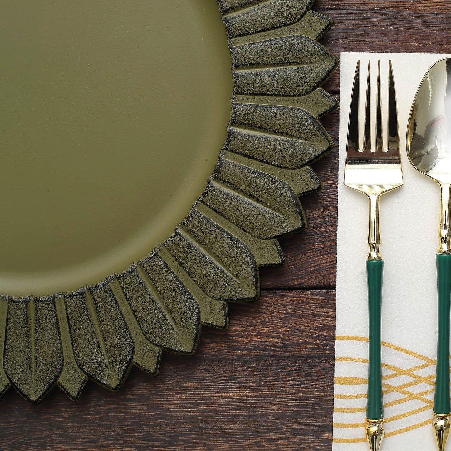 Matte olive green sunflower disposable charger plate on a wooden table.