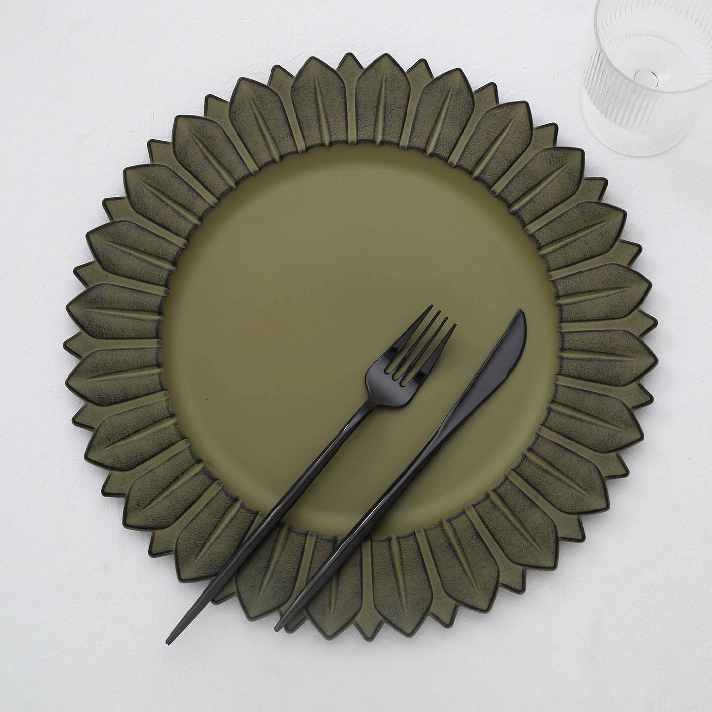 13" Matte Olive Green Sunflower Charger Plate with Black Cutlery