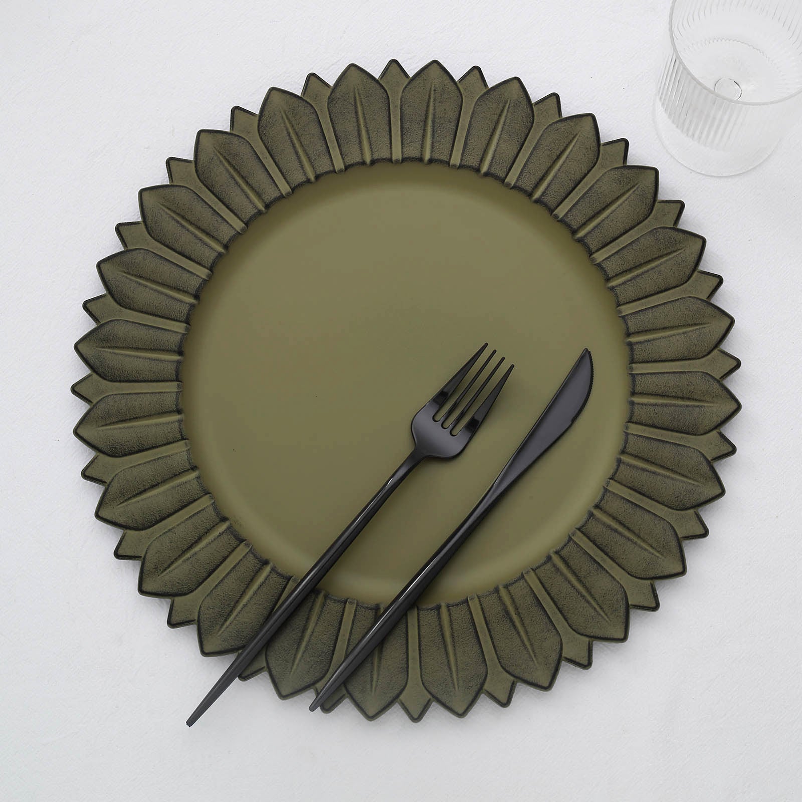 13" Matte Olive Green Sunflower Charger Plate with Black Cutlery