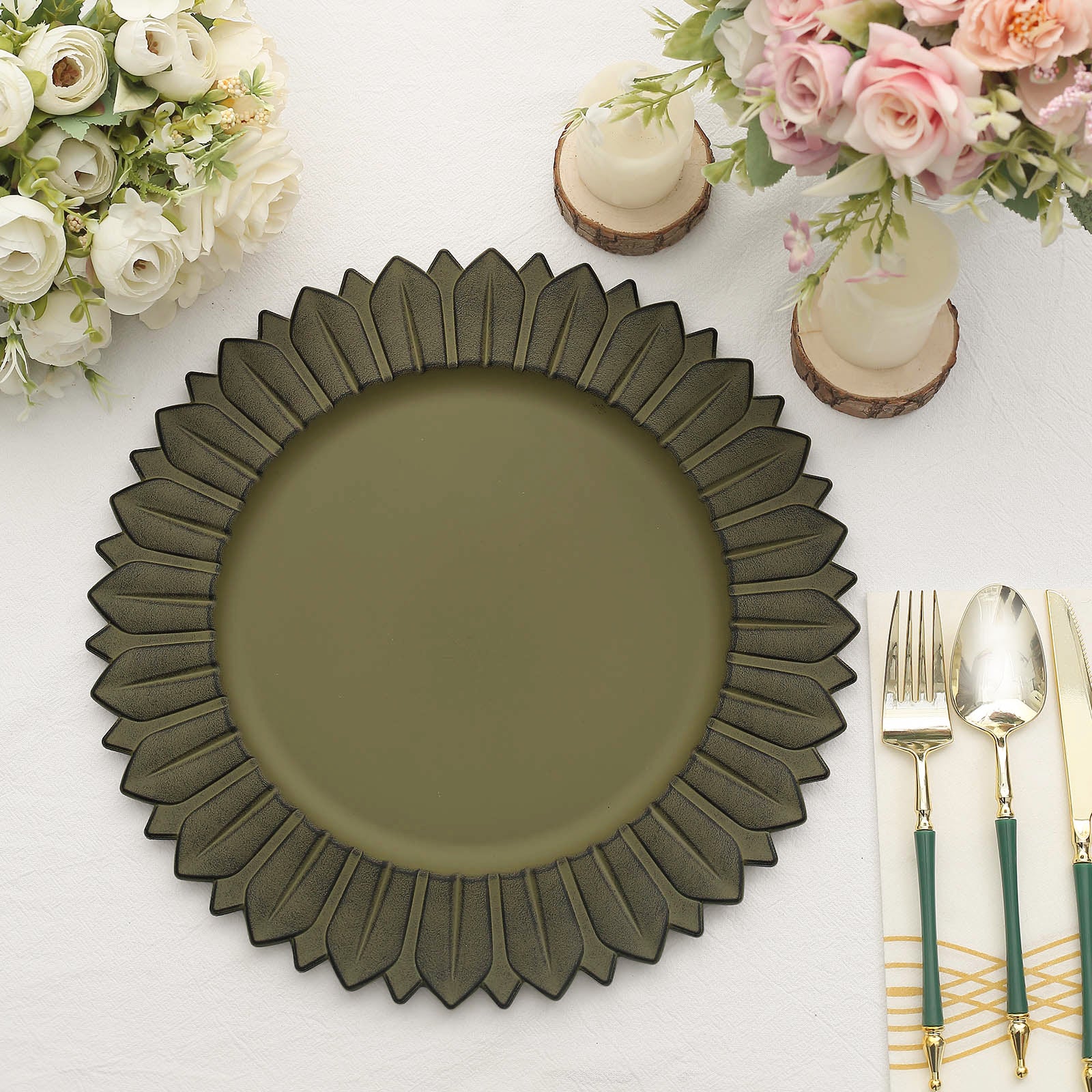 13" Matte Olive Green Sunflower Disposable Charger Plate on a table setting.