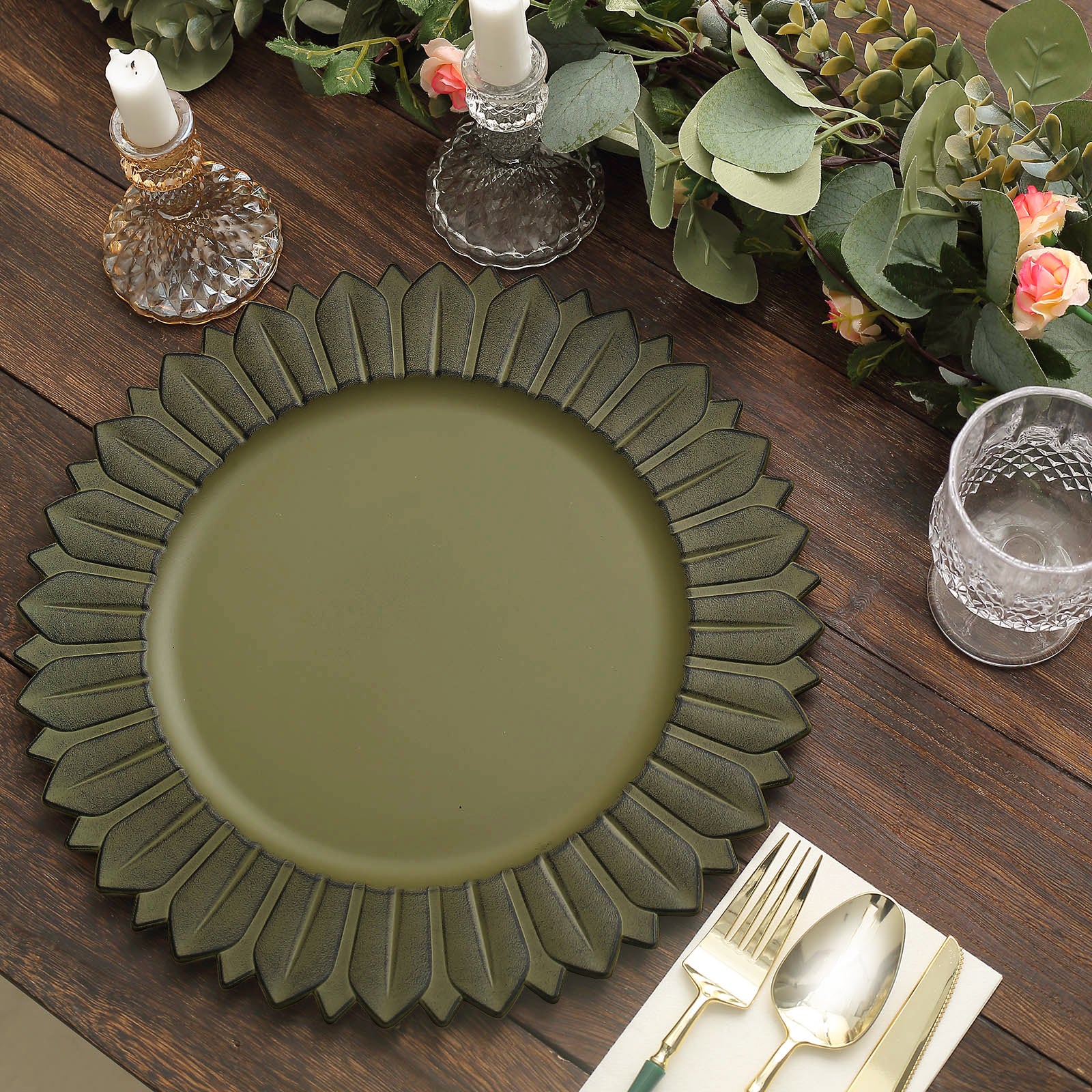 13" Matte Olive Green Sunflower Charger Plate on a rustic table setting.