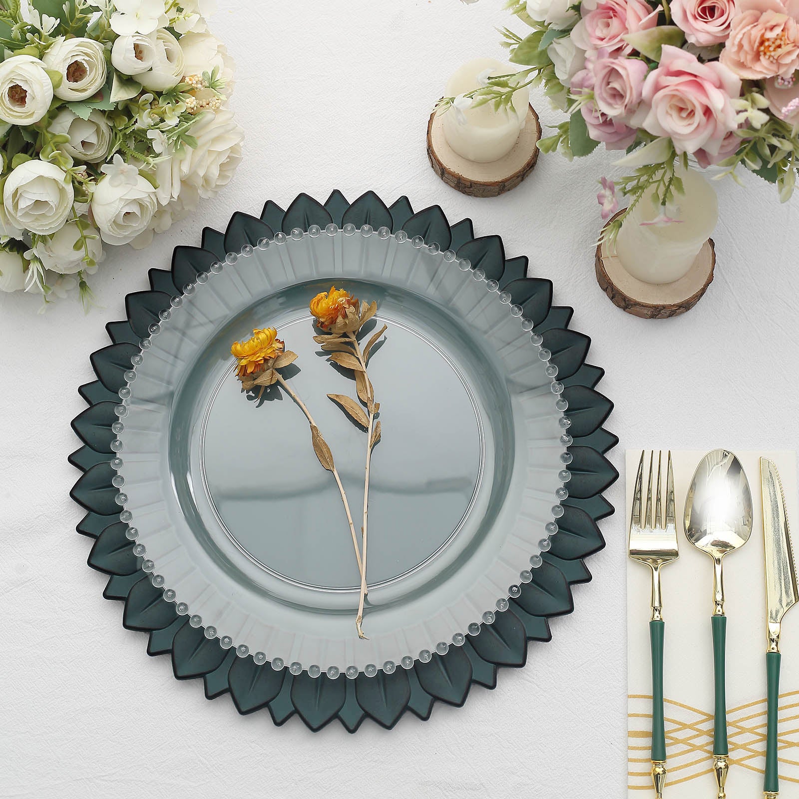 Matte teal sunflower disposable charger plate with floral decor.