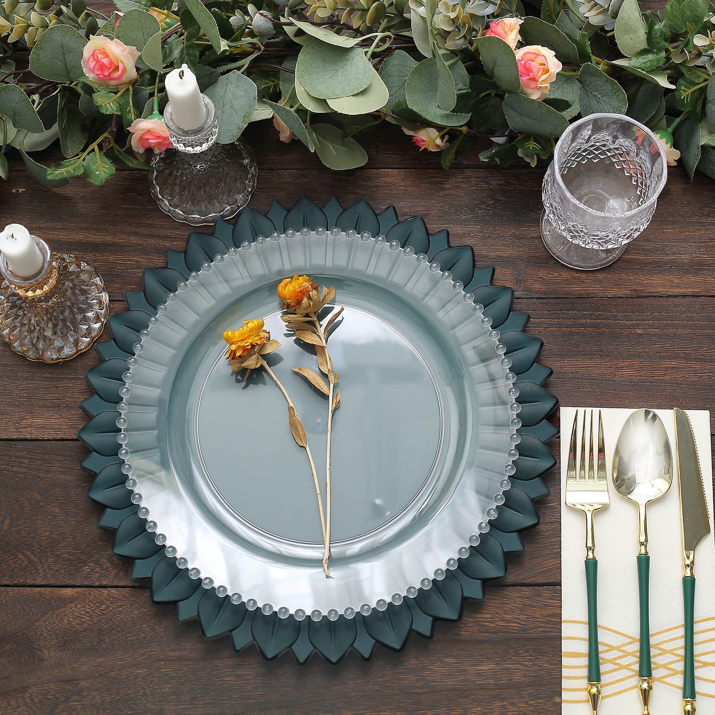 Matte teal sunflower disposable charger plate with floral decor.
